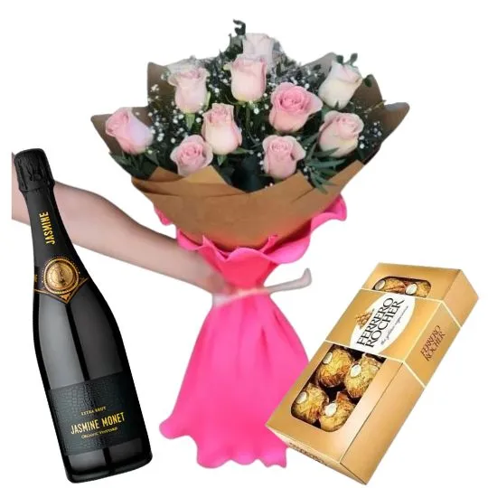 Ramo rosas rosadas importadas rocher x8 y espumante